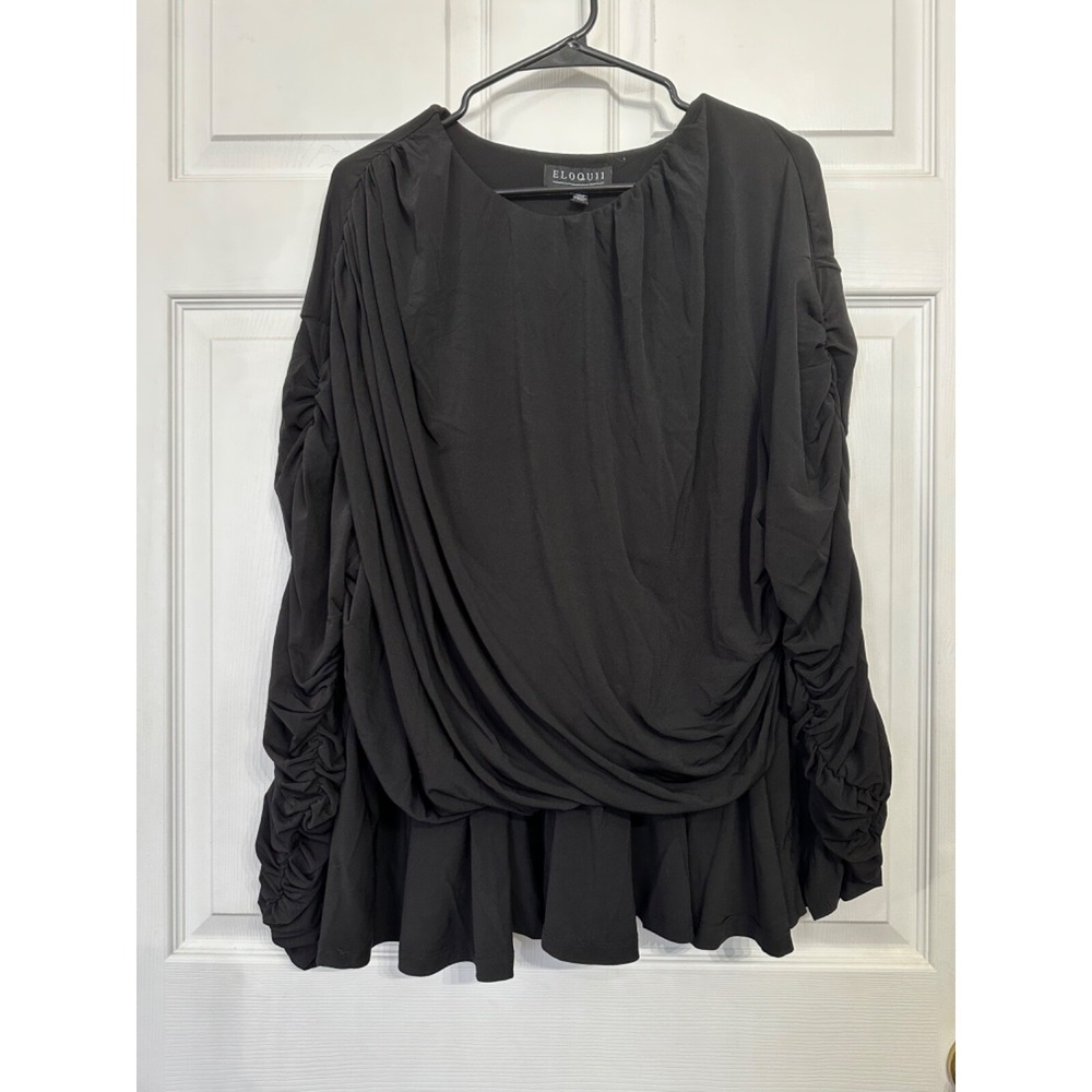 Eloquii Size 26 Black Ruched Sleeve Drape Front Skirtedβ Blouse